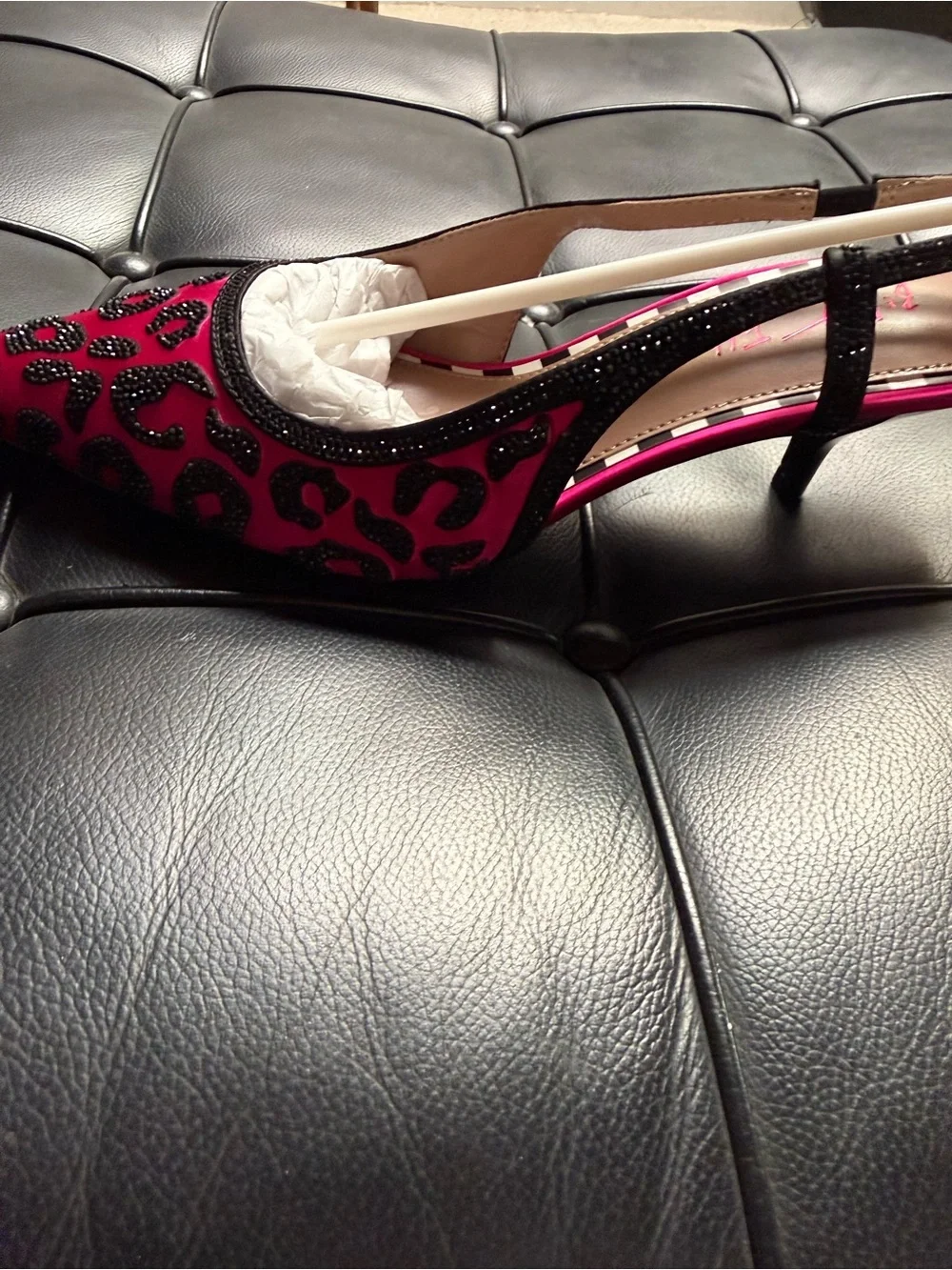 Betsey Johnson Pink Slingback Heels with Black Beaded Leopard
